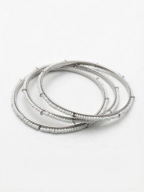 Silver-Tone & White Beaded Bangle Set – 3 Pieces